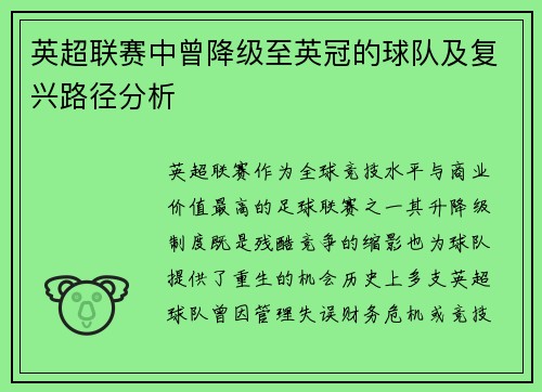 英超联赛中曾降级至英冠的球队及复兴路径分析